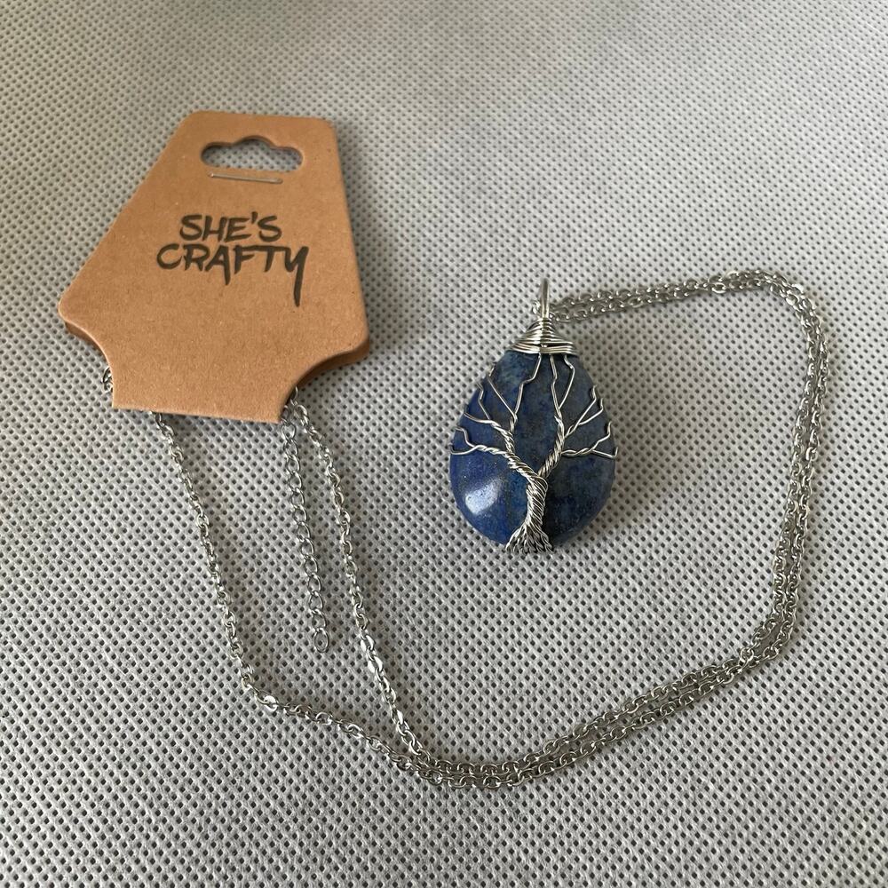 Tree Of Life Necklace Teardrop Lapis Lazuli & Stainless Steel